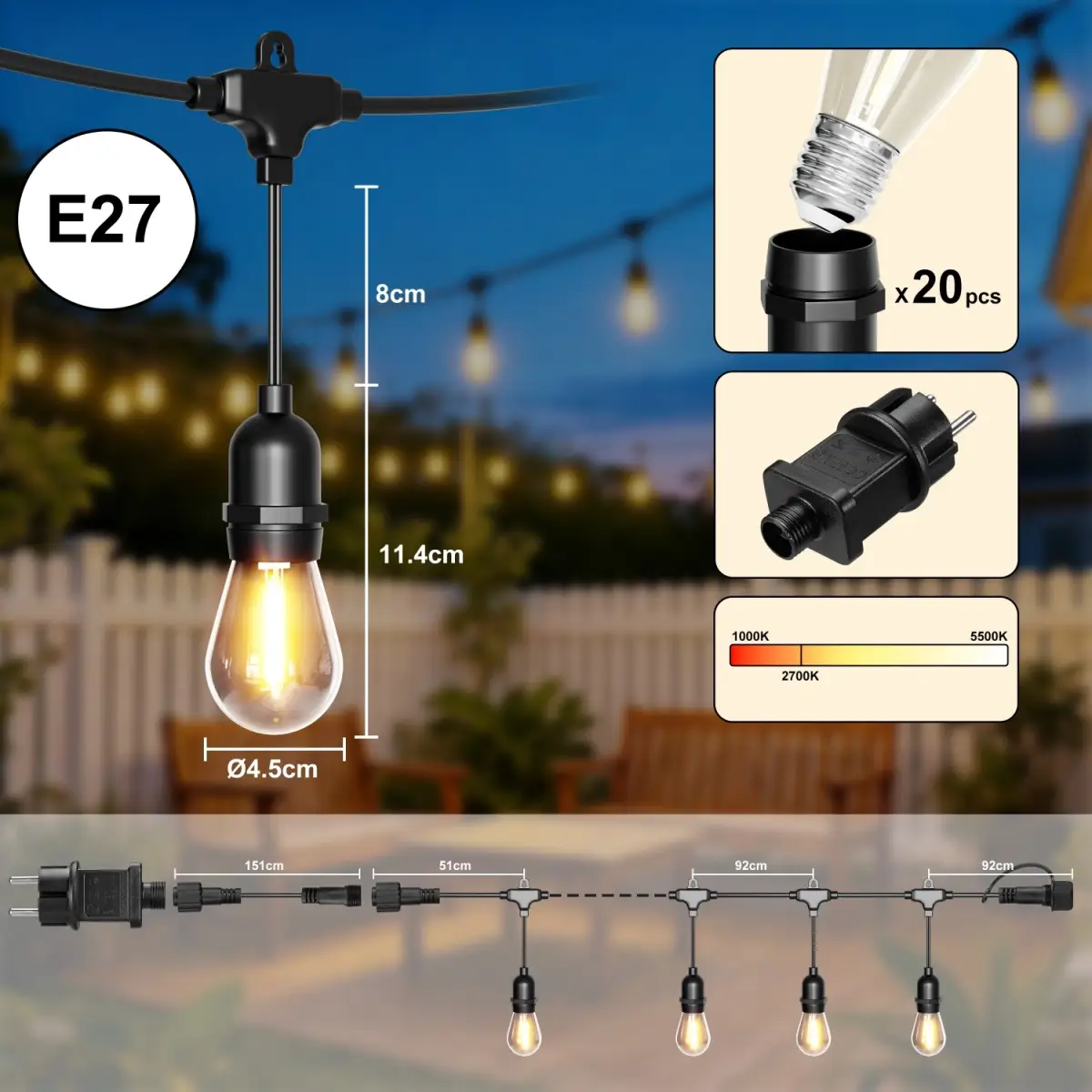 Girlanda ogrodowa świetlna łańcuch 20x LED 20m lampki ogrodowe 9W - obrazek 8
