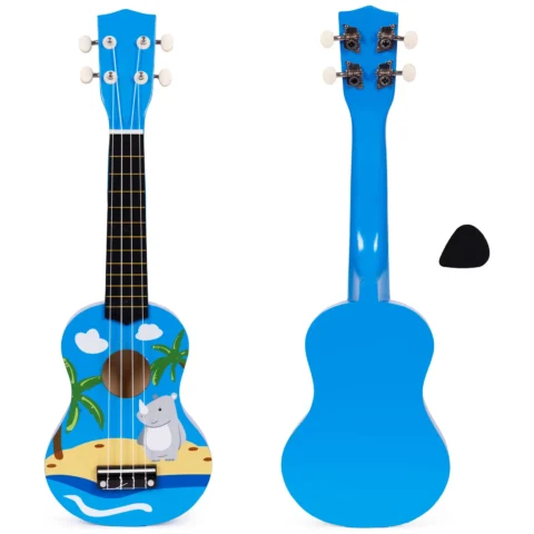 Gitara ukulele dla dzieci drewniana 4 struny nylonowe kostka do gry ECOTOYS