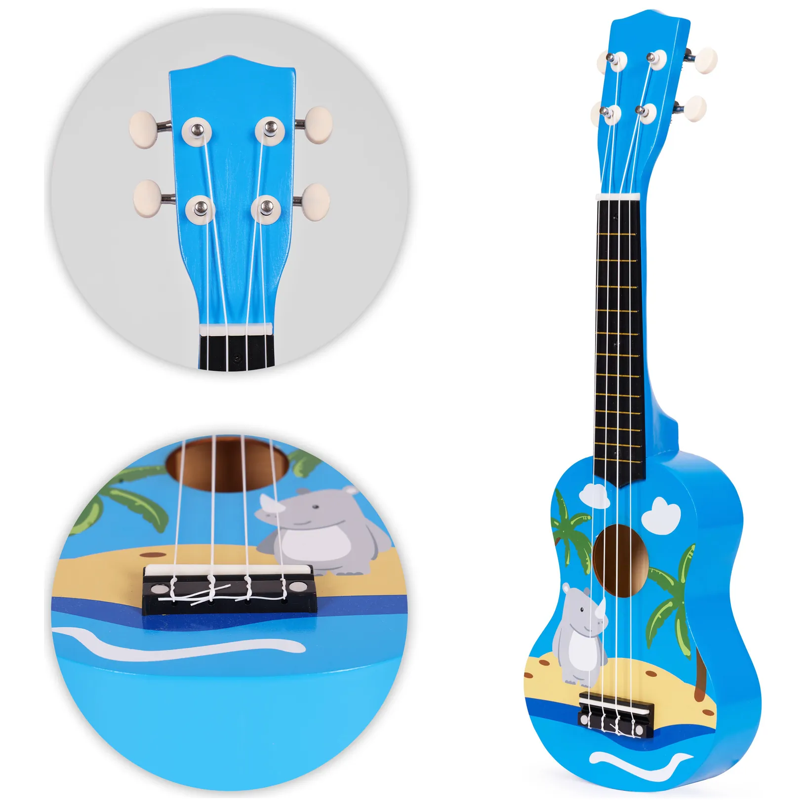 Gitara ukulele dla dzieci drewniana 4 struny nylonowe kostka do gry ECOTOYS - obrazek 8