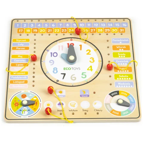 Drewniana tablica manipulacyjna kalendarz zegar ECOTOYS