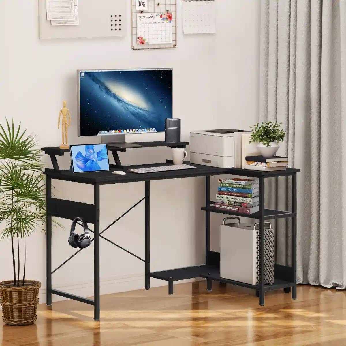 Biurko narożne komputerowe stół 3 półki czarny ModernHome - obrazek 2