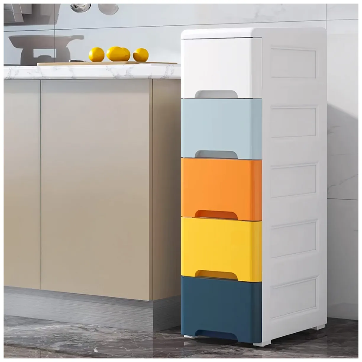 Regał z 5 wysuwanymi szufladami nogi z kółkami ModernHome - obrazek 6