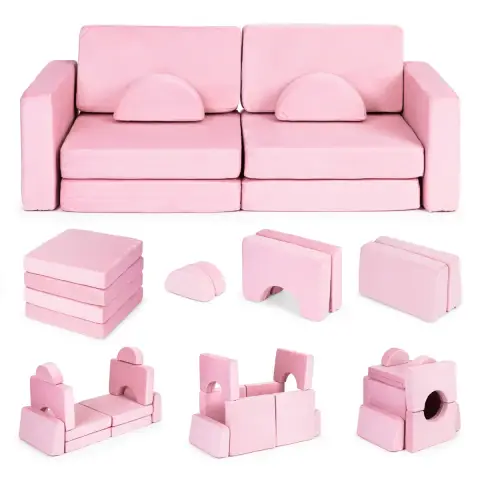 Sofa składana modułowa dla dzieci duża 2-osobowa DIY 10 miękkich poduch - różowa ECOTOYS