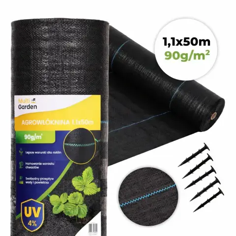 Agrowłóknina czarna agrotkanina UV 90g mata antychwastowa 1,1x50m kołki MulltiGarden
