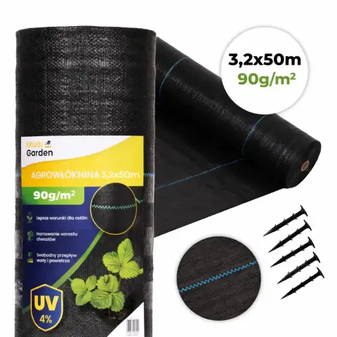 Agrowłóknina czarna agrotkanina UV 90g mata antychwastowa 3,2x50m kołki MulltiGarden