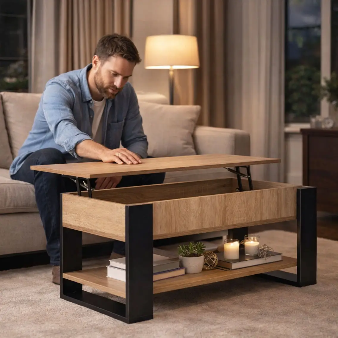 Stolik kawowy rozkładany blat podnoszony 90 cm schowek półka dąb sonoma ModernHome - obrazek 2