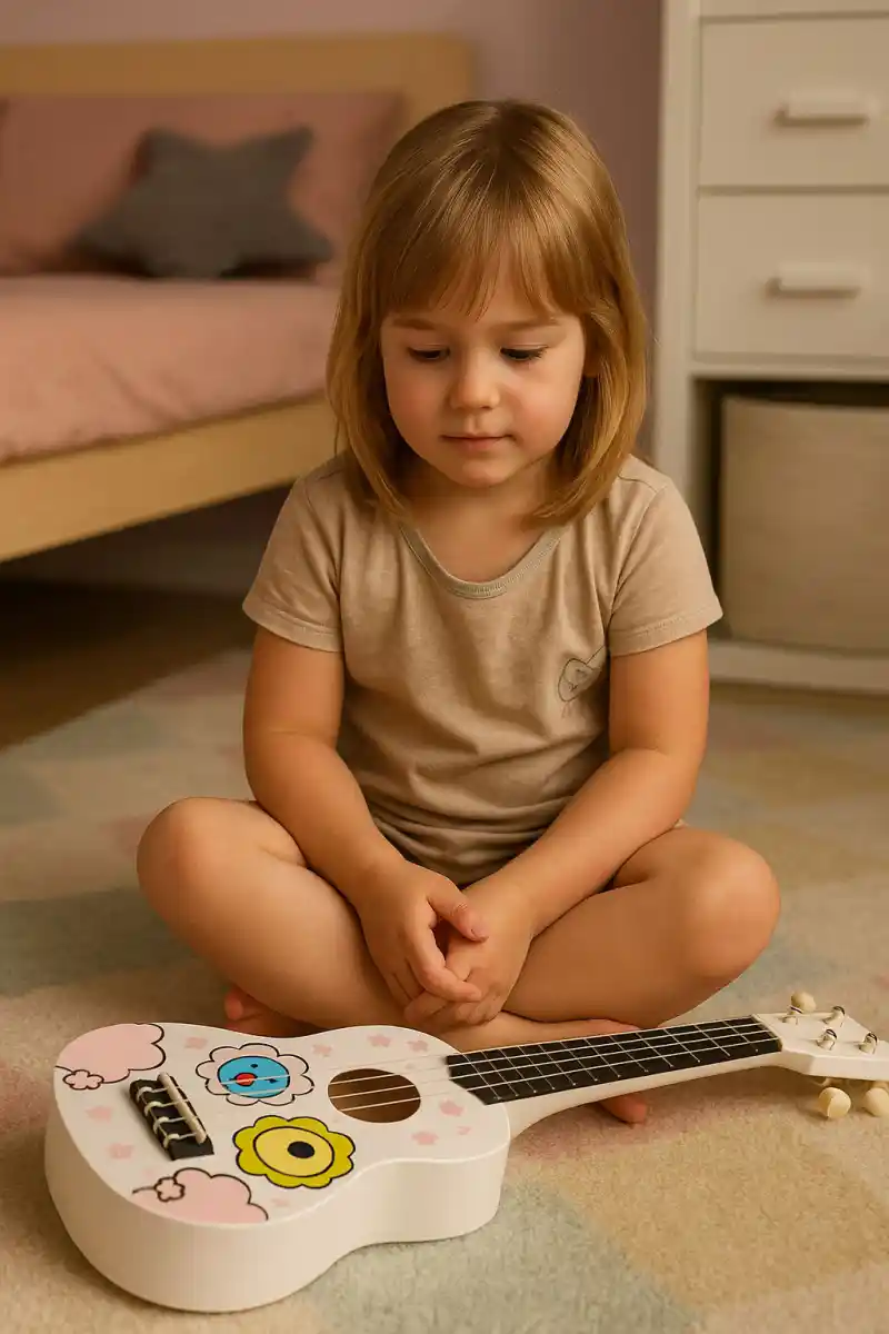 Gitara ukulele dla dzieci drewniana 4 struny nylonowe kostka do gry ECOTOYS - obrazek 3
