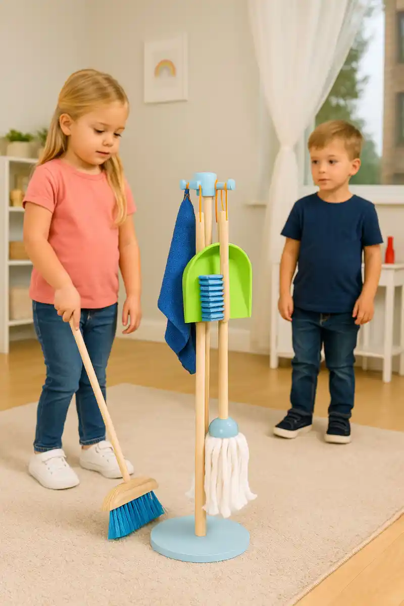 Drewniany zestaw do sprzątania dla dzieci mop zmiotka z szufelką 7 elementów ECOTOYS - obrazek 3