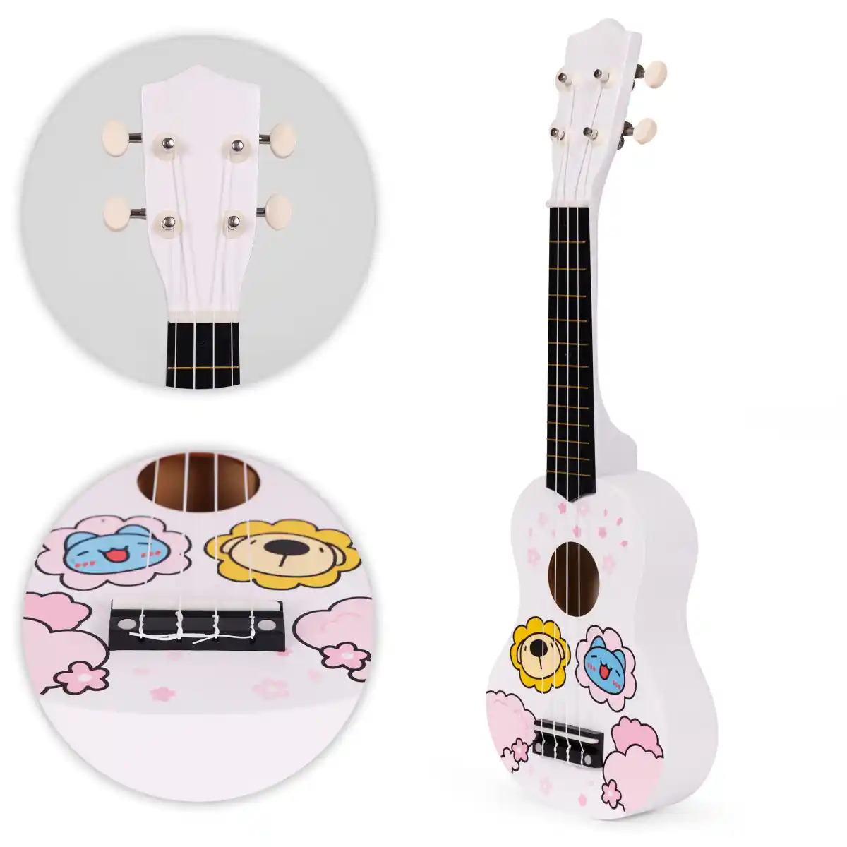 Gitara ukulele dla dzieci drewniana 4 struny nylonowe kostka do gry ECOTOYS - obrazek 8