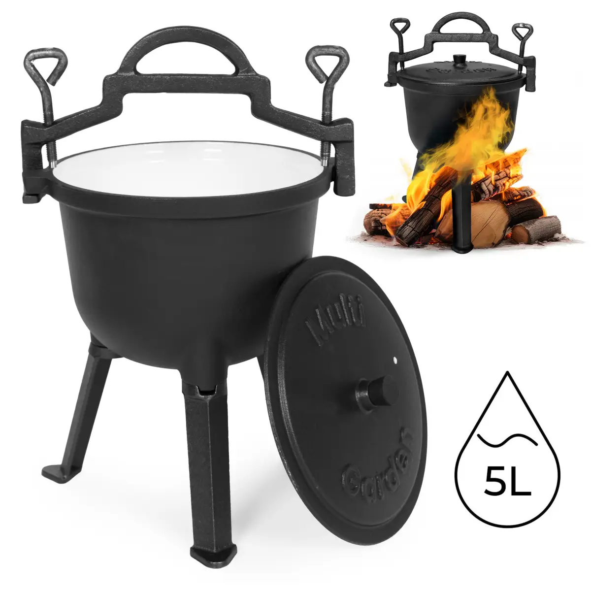 Kociołek żeliwny emaliowany 5L stojący garnek myśliwski ognisko grill MultiGarden