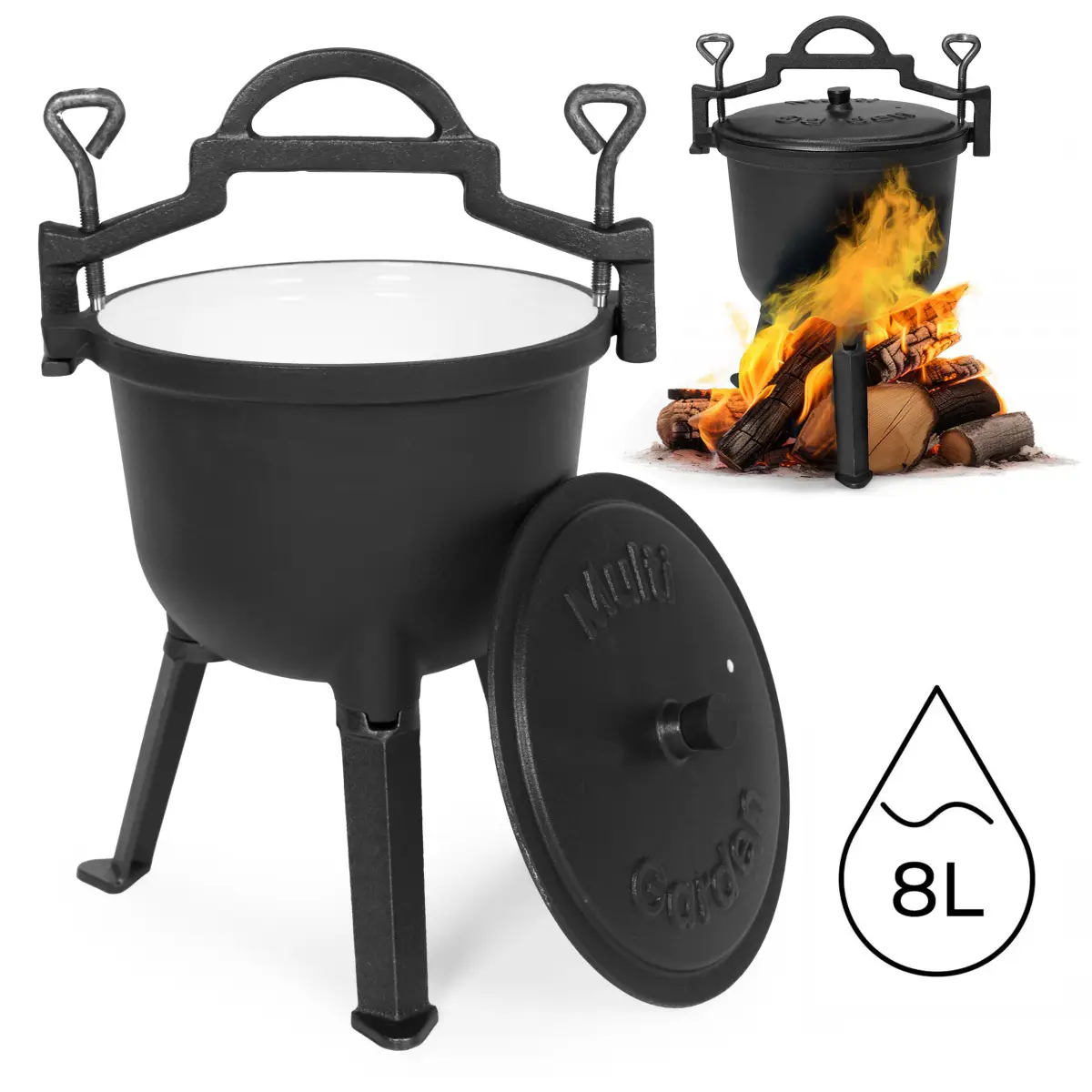 Kociołek żeliwny emaliowany 8L stojący garnek myśliwski ognisko grill MultiGarden