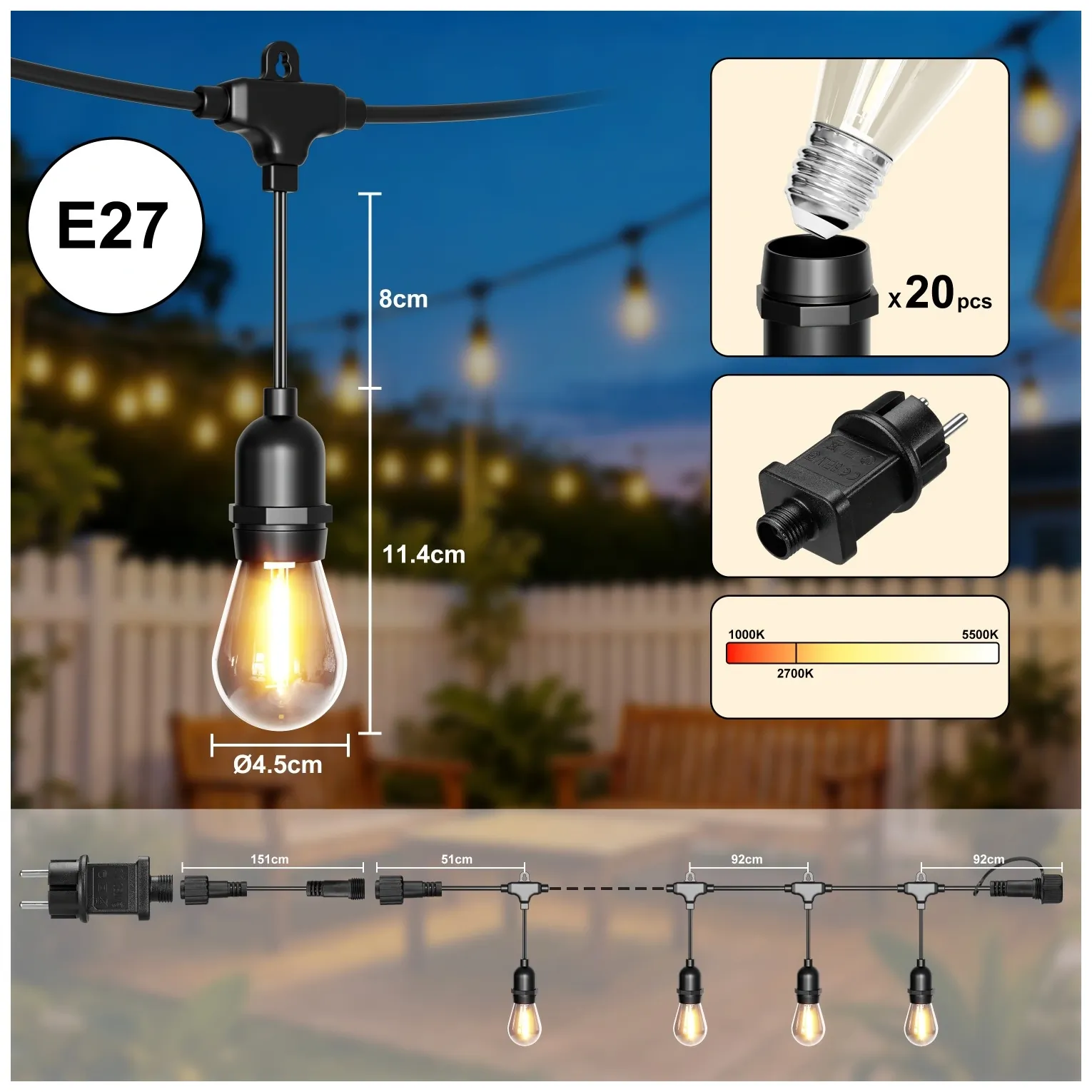 Girlanda ogrodowa świetlna łańcuch 20x LED 20m lampki ogrodowe 9W - obrazek 8