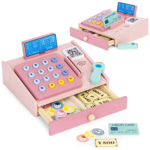 Drewniana kasa fiskalna dla dzieci skaner banknoty monety karta