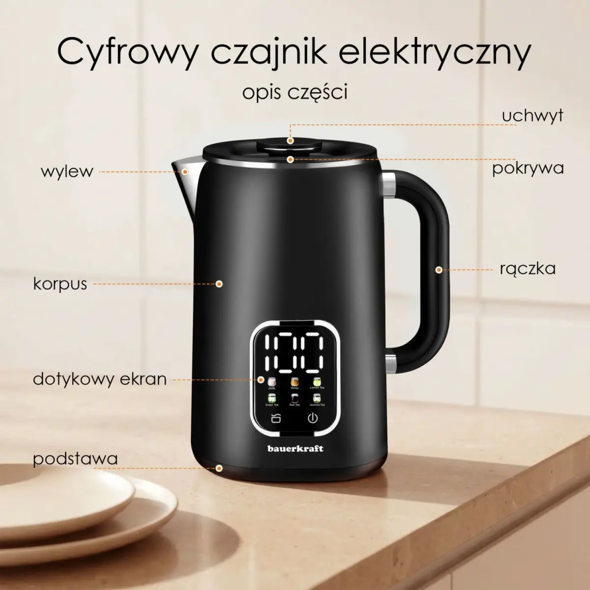 Czajnik elektryczny bezprzewodowy 1,7l smart z regulacją temperatury obrotowy czarny - obrazek 3