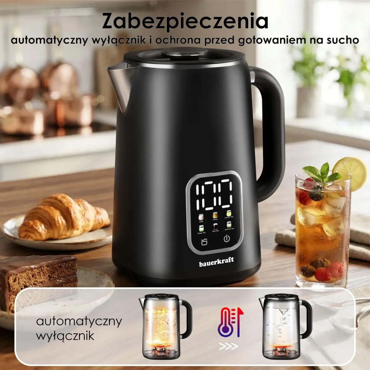Czajnik elektryczny bezprzewodowy 1,7l smart z regulacją temperatury obrotowy czarny - obrazek 7