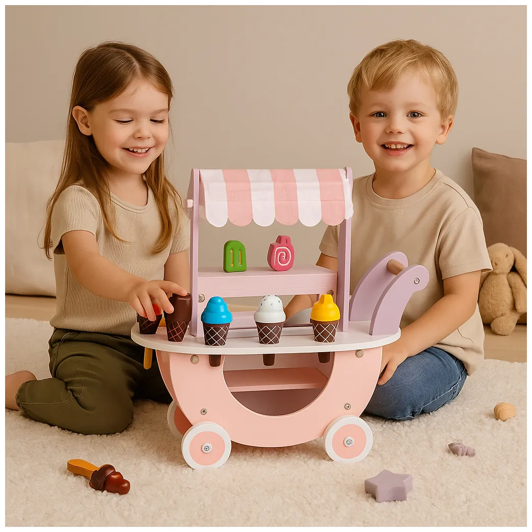 Drewniany wózek lodziarnia dla dzieci sklep 12 elementów ECOTOYS - obrazek 4