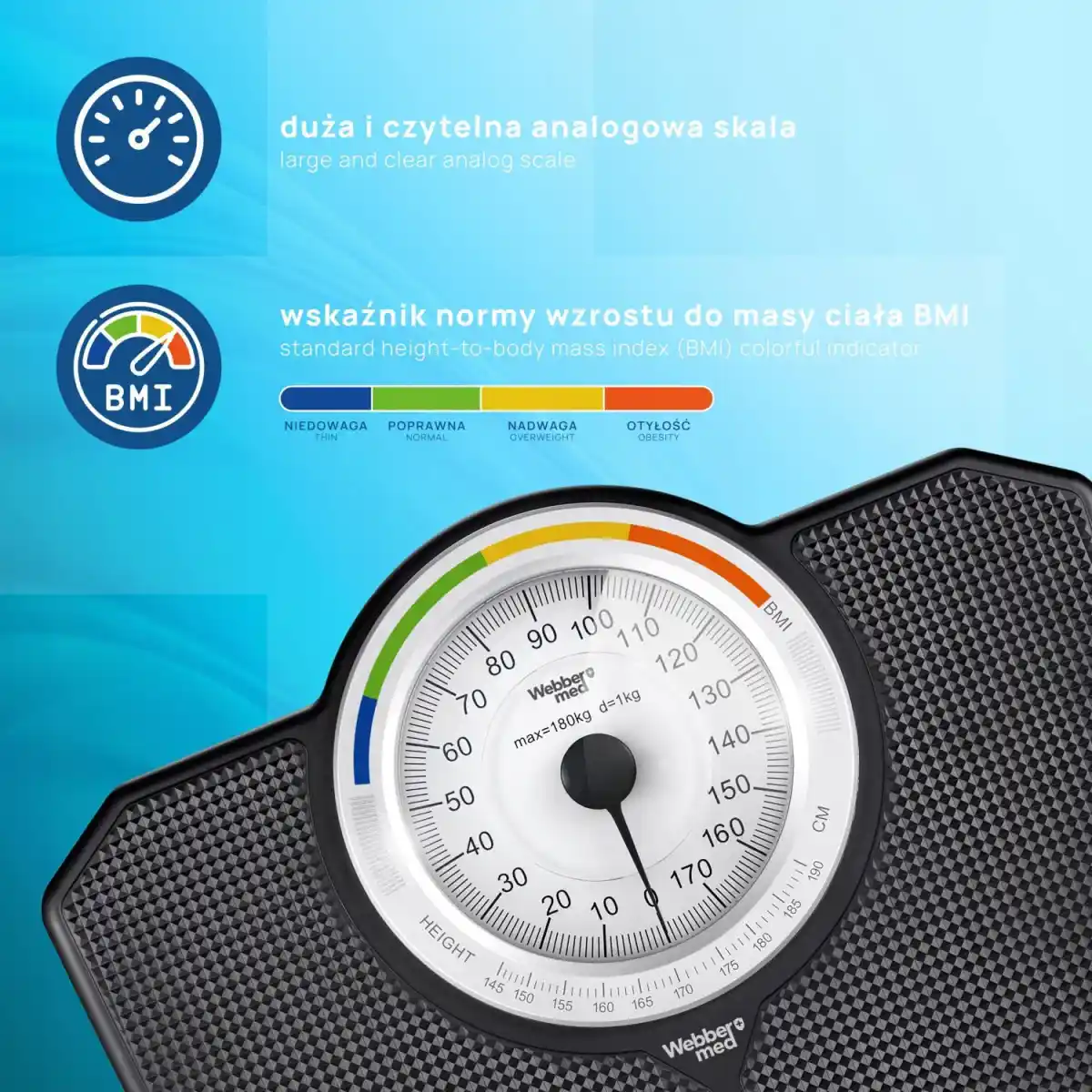 Klasyczna waga łazienkowa mechaniczna analogowa do 180 kg czarna WEBBER BMI - obrazek 5