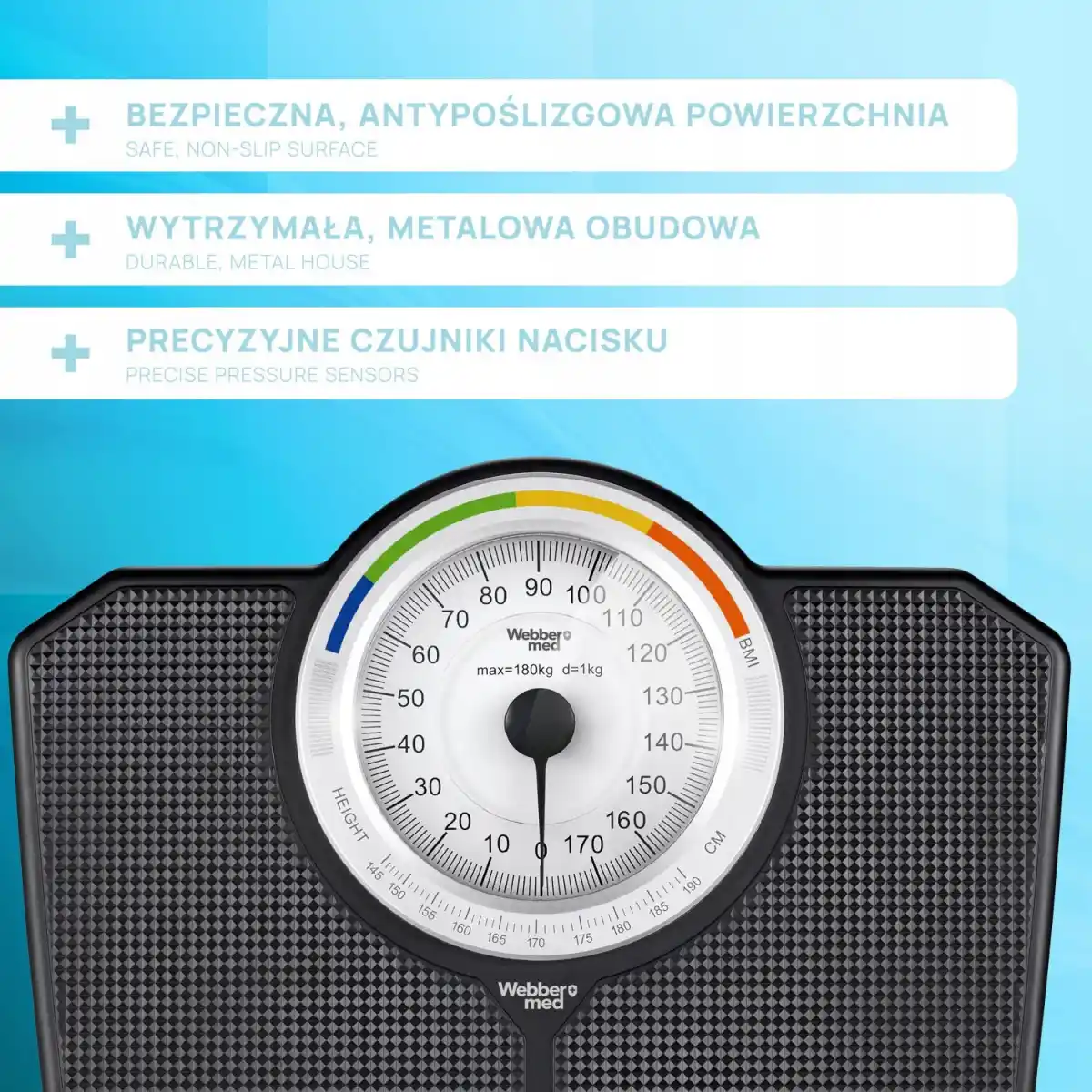 Klasyczna waga łazienkowa mechaniczna analogowa do 180 kg czarna WEBBER BMI - obrazek 6