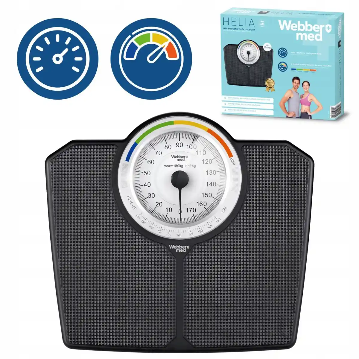 Klasyczna waga łazienkowa mechaniczna analogowa do 180 kg czarna WEBBER BMI - obrazek 9