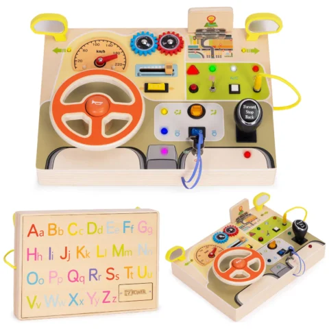 Drewniana tablica manipulacyjna LED sensoryczna dla dzieci panel edukacyjny auto kierownica 14 elementów