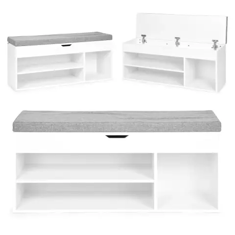 Szafka na buty z szarą poduszką i otwieranym siedziskiem 3 półki biała ModernHome