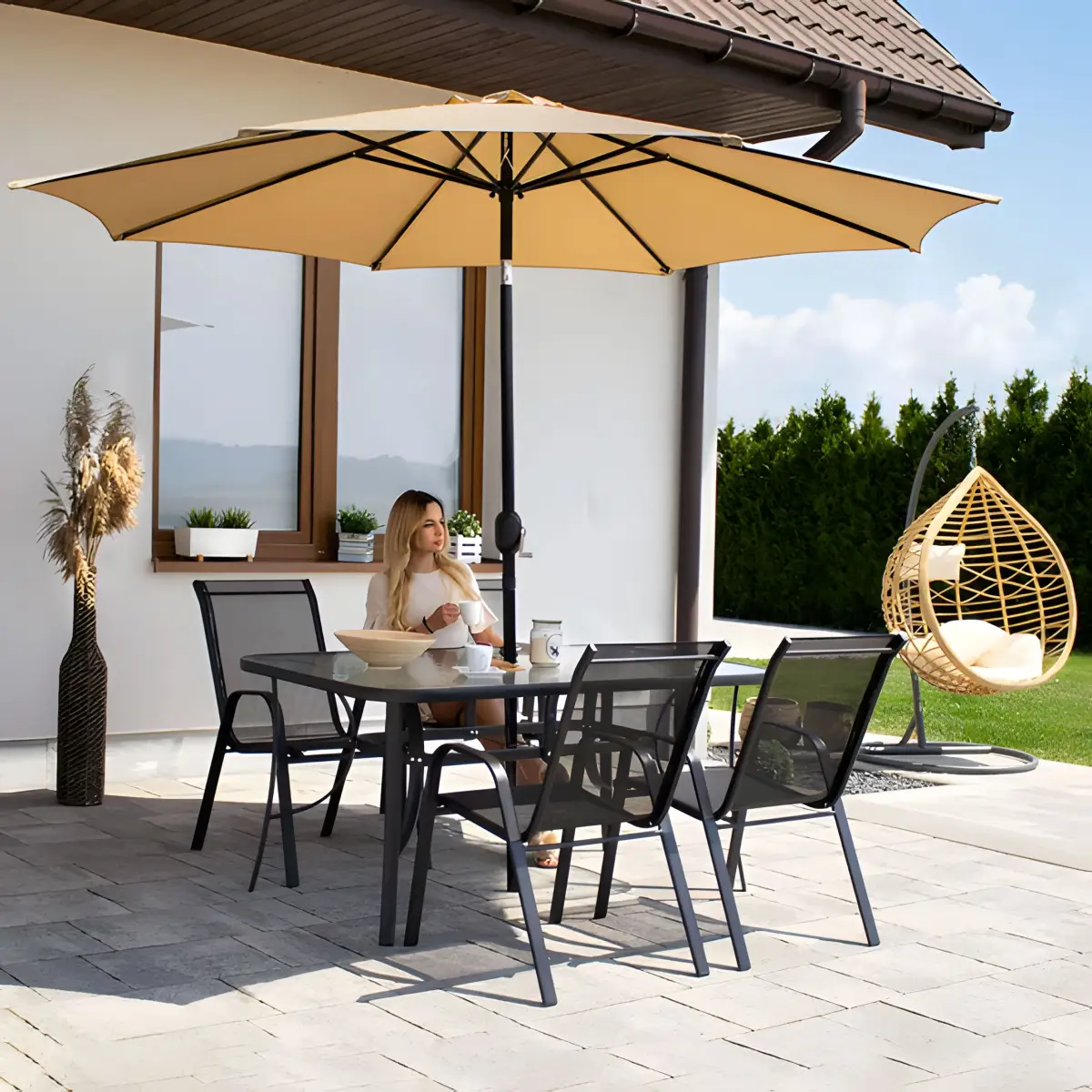 Stół ogrodowy szklany 120x70 cm na taras ogród szkło hartowane otwór na parasol MultiGarden - obrazek 2