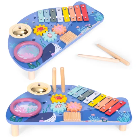 Stolik z instrumentami stół muzyczny cymbałki talerz perkusyjny tarka motyw morski ECOTOYS