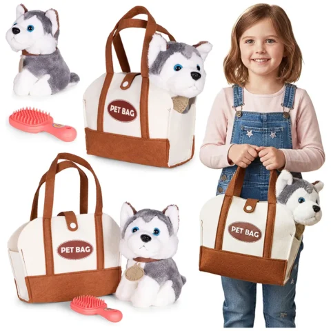 Pluszowy piesek w torebce husky maskotka dla dziecka + szczotka do pielęgnacji