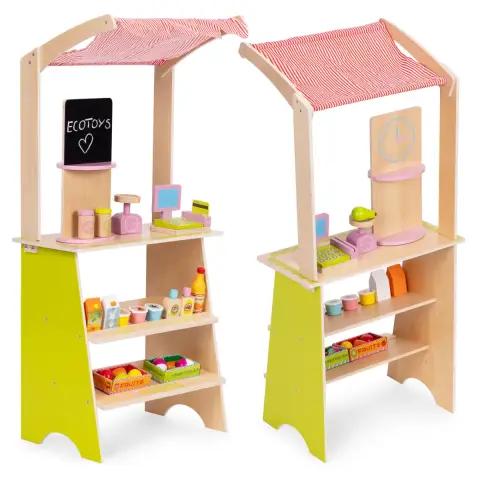Duży drewniany stragan dla dzieci sklep z terminalem i wagą owoce warzywa 20 elementów ECOTOYS