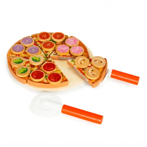 Drewniana pizza do krojenia na rzepy dla dzieci 27 elementów ECOTOYS