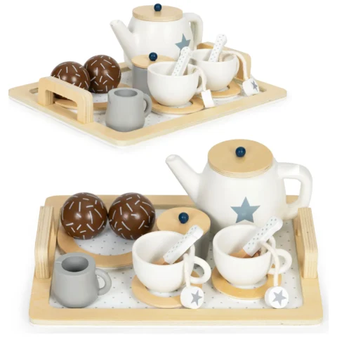 Drewniany zestaw do herbaty dzbanek filiżanki 17 elementów ECOTOYS