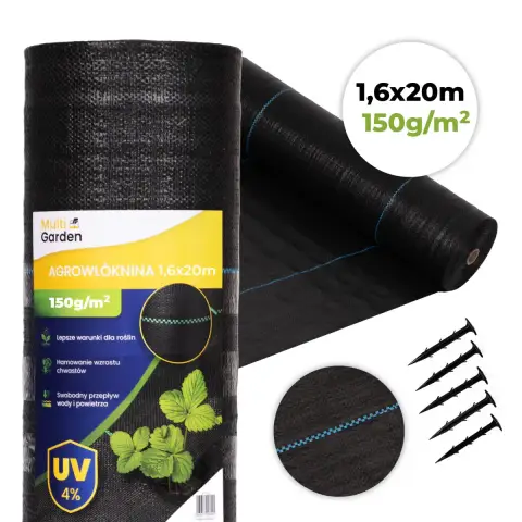 Agrowłóknina czarna agrotkanina UV 150g mata antychwastowa 1,6x20m kołki MulltiGarden