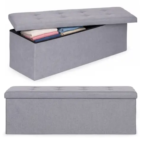 Pufa pikowana 111x38 cm ze schowkiem tapicerowana ława skrzynia jasnoszara ModernHome