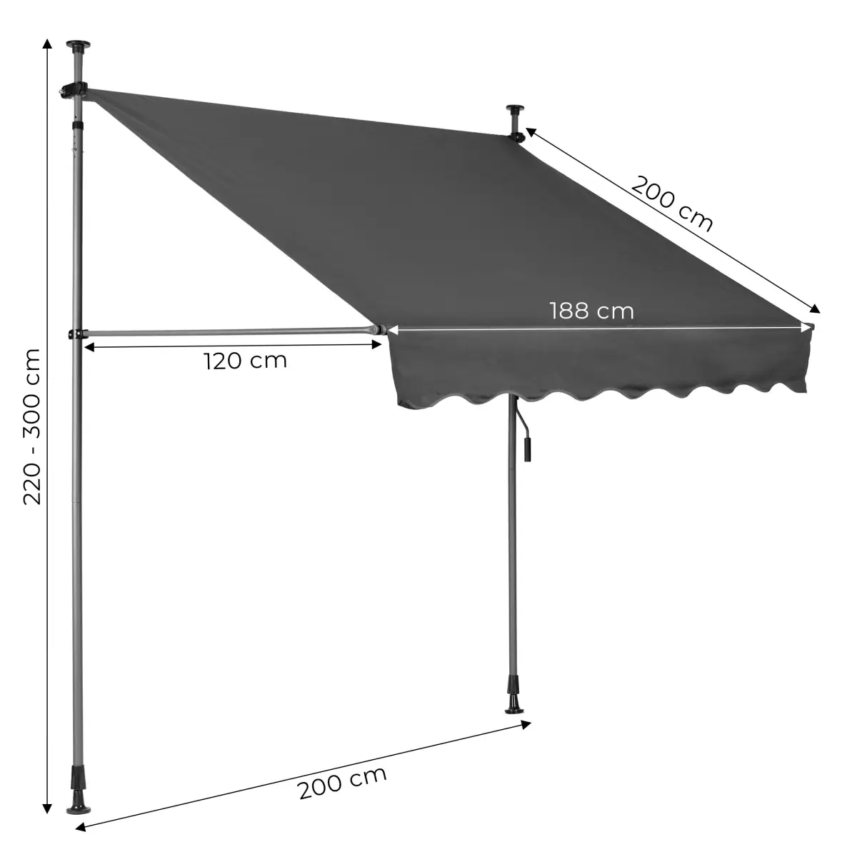 Markiza przeciwsłoneczna balkonowa 200x120 cm regulacja wysokości wodoodporna korbka ręczna szara MultiGarden - obrazek 10