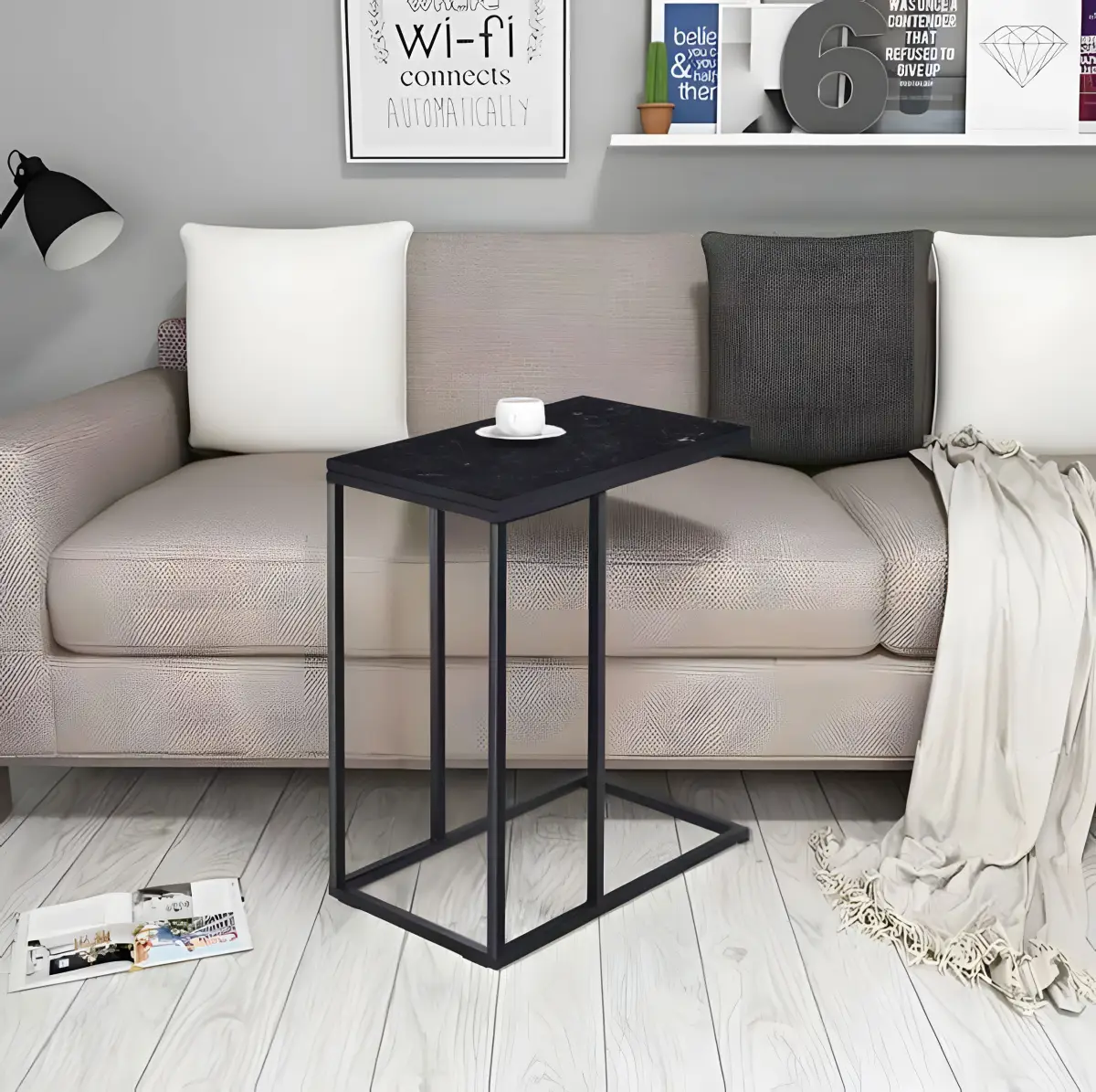 Stolik boczny pod laptopa kawowy w kształcie litery C marmur czarny ModernHome - obrazek 5