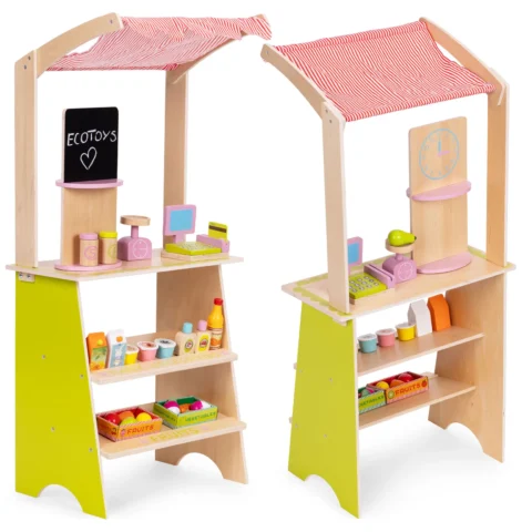 Duży drewniany stragan dla dzieci sklep z terminalem i wagą owoce warzywa 20 elementów ECOTOYS