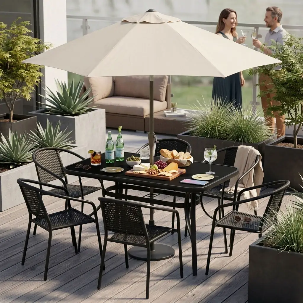 Stół ogrodowy 140x80 cm szkło hartowane otwór na parasol czarny MultiGarden - obrazek 2