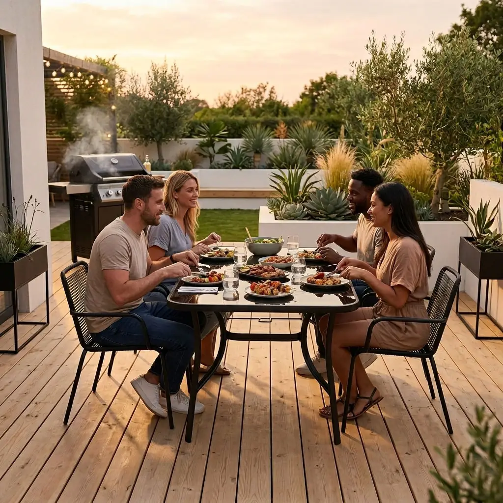 Stół ogrodowy 140x80 cm szkło hartowane otwór na parasol czarny MultiGarden - obrazek 3