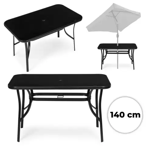 Stół ogrodowy 140x80 cm szkło hartowane otwór na parasol czarny MultiGarden