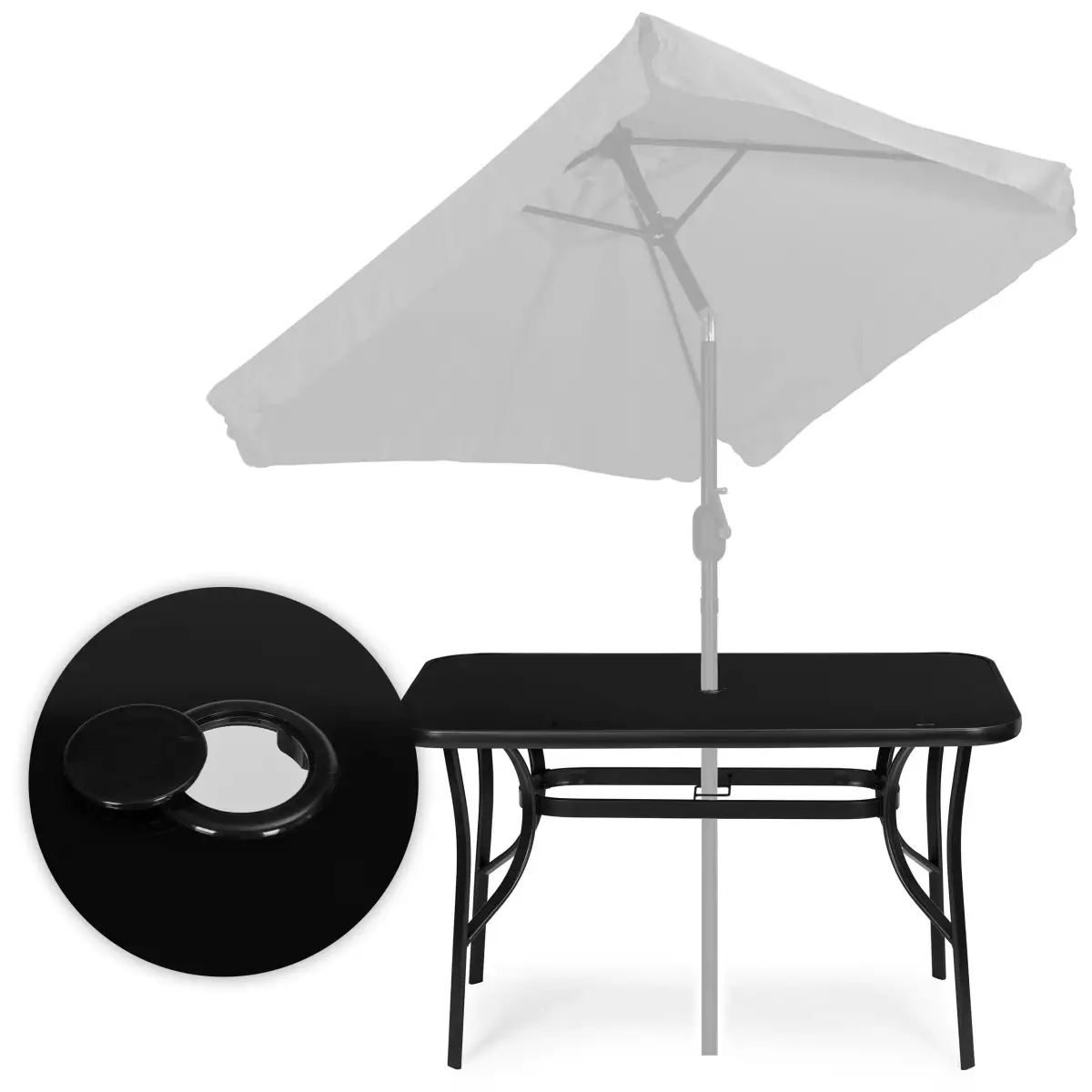 Stół ogrodowy 140x80 cm szkło hartowane otwór na parasol czarny MultiGarden - obrazek 8