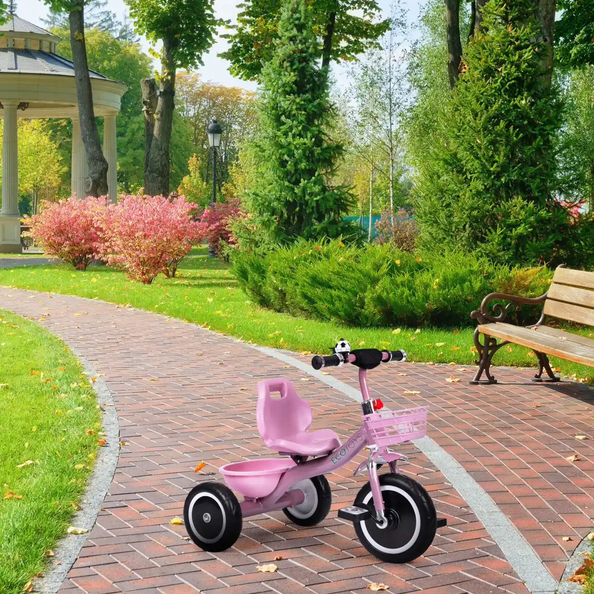 Rowerek trójkołowy antypoślizgowe uchwyty dzwonek koszyk różowy ECOTOYS - obrazek 7