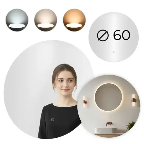 Lustro łazienkowe LED okrągłe ścienne 60 cm 3 barwy włącznik dotykowy ModernHome